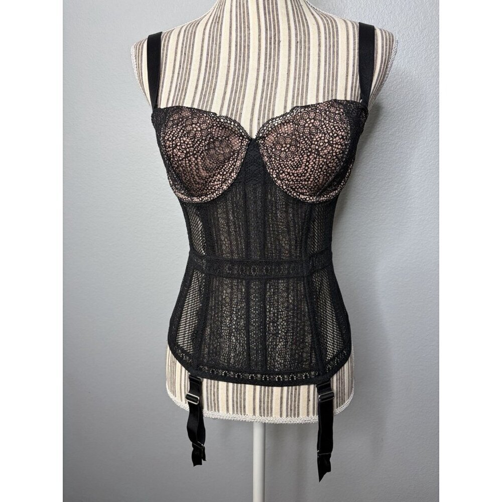 VICTORIAS SECRET 34C Black Lace Champagne Babydoll Bustier Garters Sexy